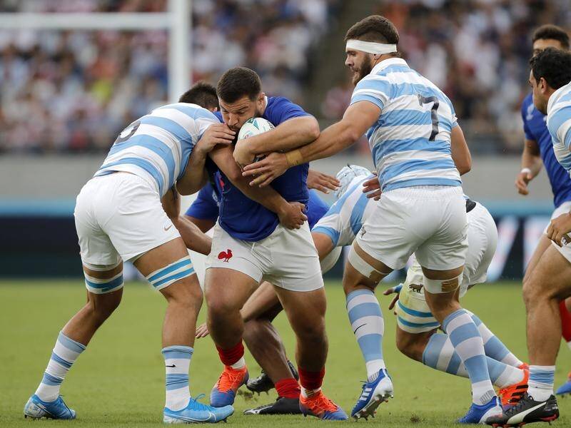 France's Rabah Slimani takes on the Argentina defence in their Rugby World Cup battle in Tokyo.