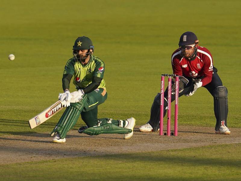 Mohammad Hafeez plays a reverse sweep on his way to leading Pakistan to a series-levelling T20 win.