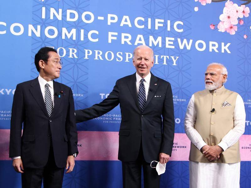 (L-R) Prime Minister Fumio Kishida, Joe Biden and Prime Minister Narendra Modi at the launch.