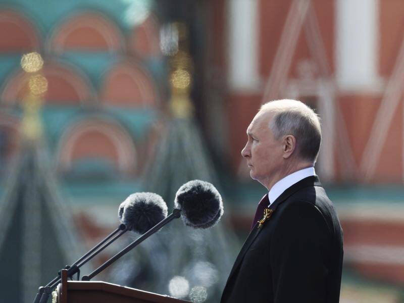 President Vladimir Putin said Russia is in a 'sacred' fight with the West in his Victory Day speech. (AP PHOTO)