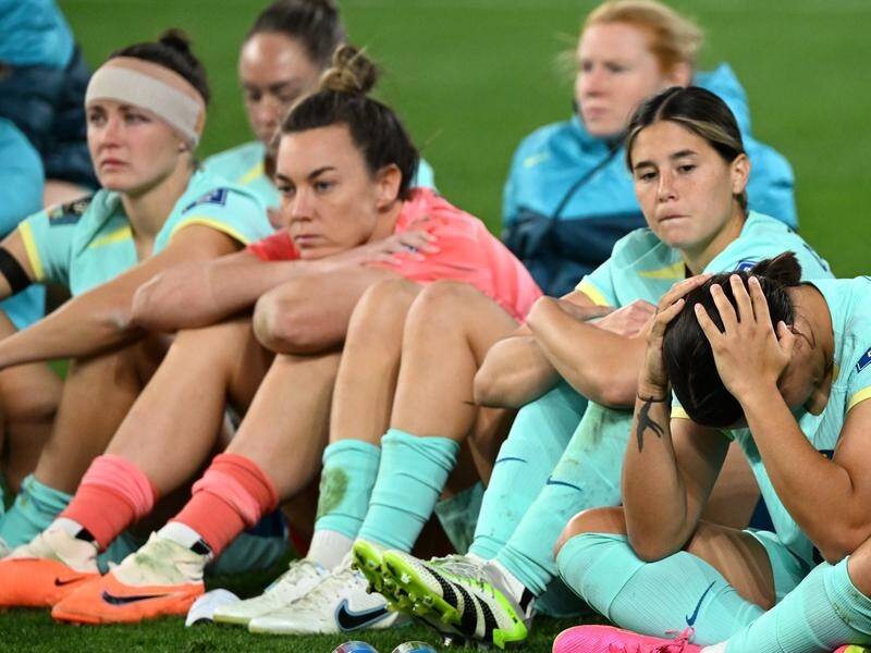 Sam Kerr and the Matildas did not hide their disappointment at losing the third-place playoff. (Darren England/AAP PHOTOS)