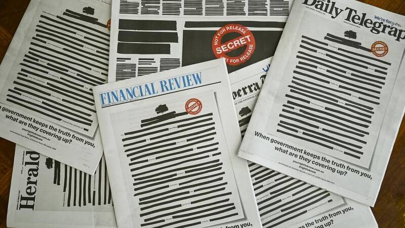 The front pages of major Australian newspapers were redacted on Monday as part of the "Your right to know" campaign. Picture: Alex Ellinghausen