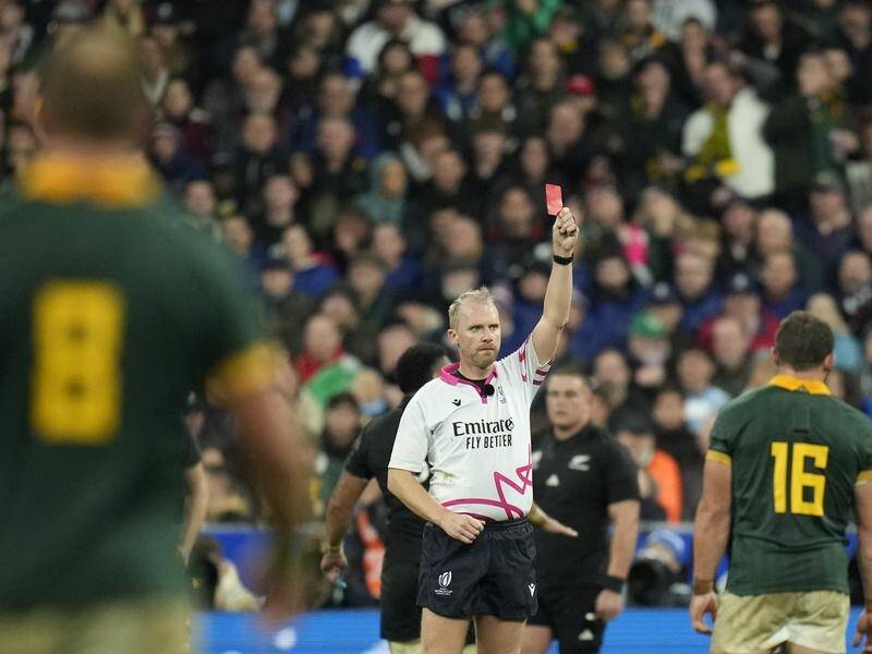 Referee Wayne Barnes shows a red card to New Zealand captain Sam Cane in the Rugby World Cup final. (AP PHOTO)