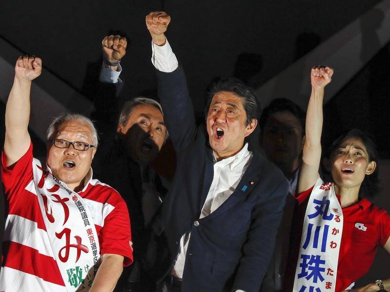 Japanese PM Shinzo Abe's ruling party has kept its majority in the upper house, an exit poll shows.