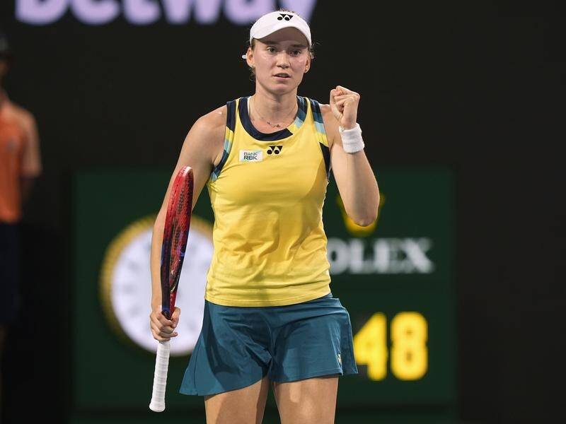 A relieved Elena Rybakina gestures after finally defeating Maria Sakkari in the Miami Open. (AP PHOTO)