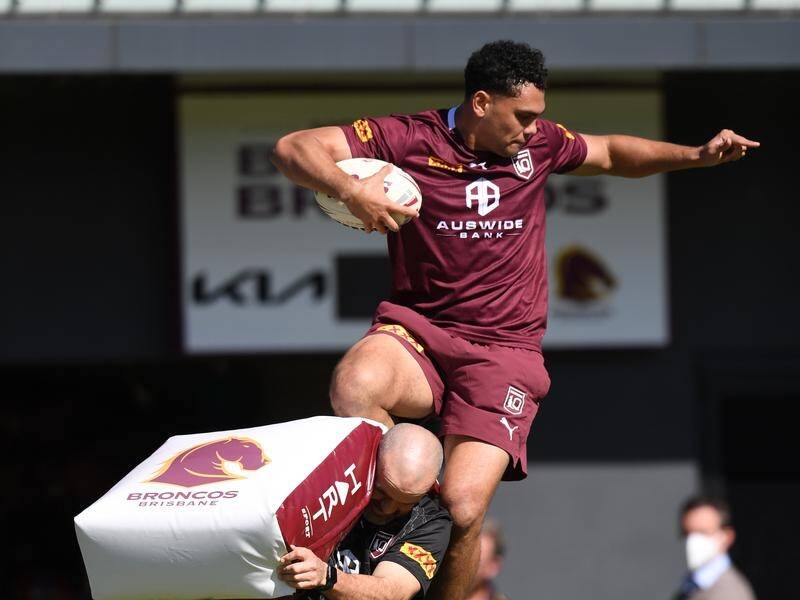 Xavier Coates in high-flying action at Queensland State of Origin training.
