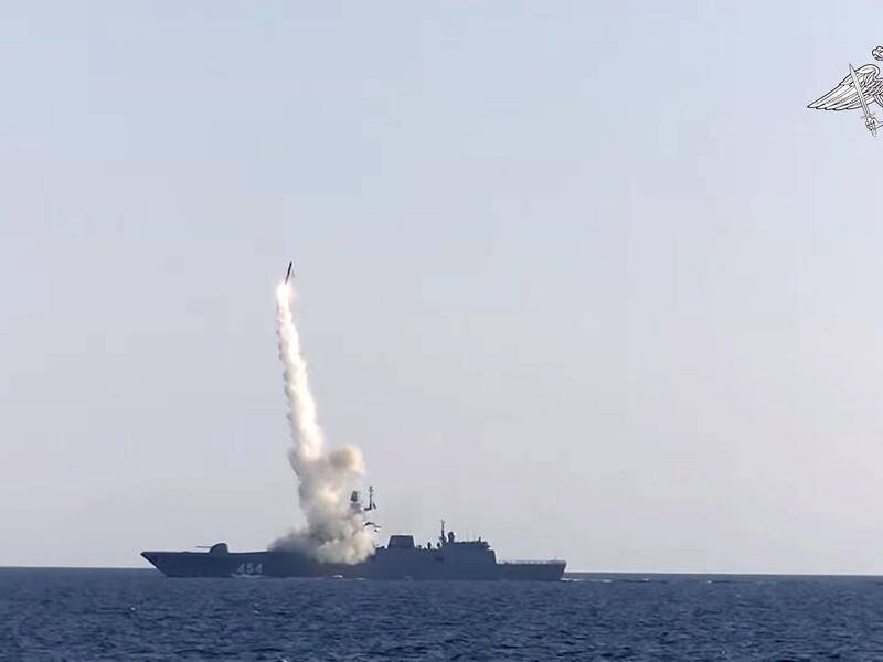Russia says a hypersonic cruise missile has been fired from a ship and hit a target 350km away.