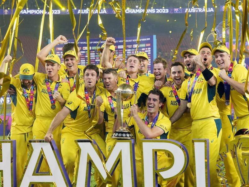 Australia's World Cup-winning squad celebrate the crowning moment in a great year of cricket. (AP PHOTO)