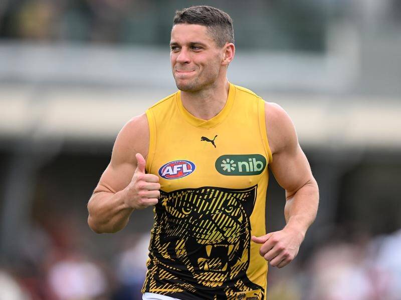 Dion Prestia has suffered a pectoral injury in Richmond's AFL practice match against Melbourne. (James Ross/AAP PHOTOS)