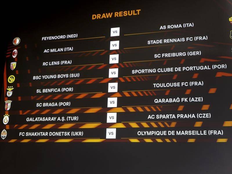 The playoffs for a Europa League spot are shown on an electronic panel in Nyon. (AP PHOTO)