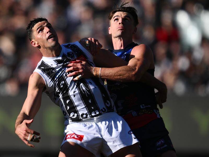 Magpie Scott Pendlebury (left) and Adelaide's Ben Keays only had eyes for the ball at the MCG. (Joel Carrett/AAP PHOTOS)