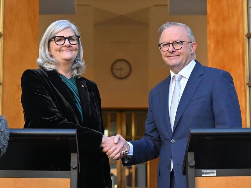 Incoming governor-general Sam Mostyn and Prime Minister Anthony Albanese at Parliament House. (Mick Tsikas/AAP PHOTOS)