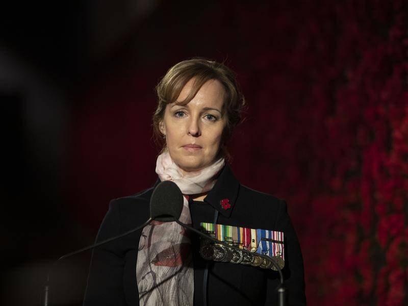 Former defence nurse Sharon Bown addressed the national Anzac day service.