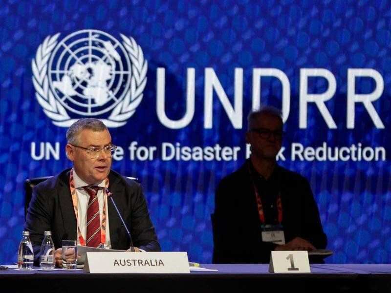 Murray Watt addresses the Asia-Pacific Ministerial Conference on Disaster Risk Reduction. (Russell Freeman/AAP PHOTOS)