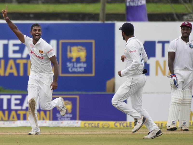 Lasith Embuldeniya has spun Sri Lanka to a 187-run win over the West Indies in the first Test.