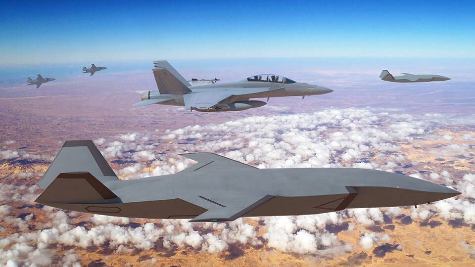 How the RAAF's latest unmanned fighter would escorts a piloted fighter. Picture: Boeing