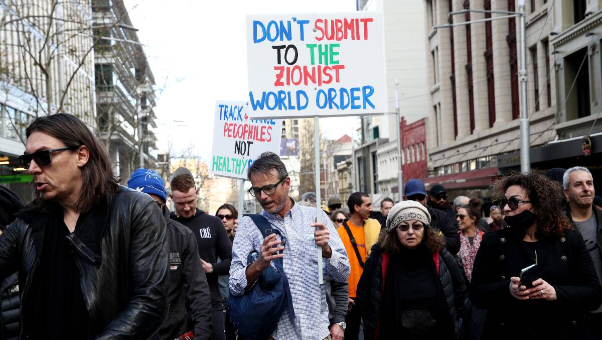 Anger and false conspiracy theories prompted protests on Australian streets last weekend. Picture: Getty Images