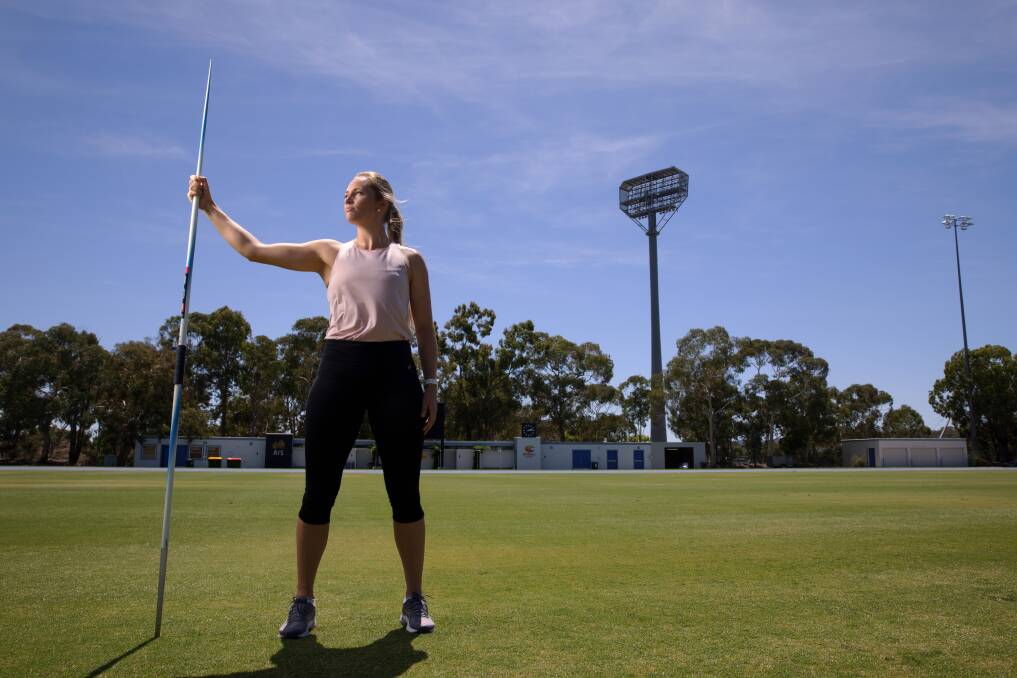 Javelin thrower Kelsey-Lee Barber at the Australian Institute of Sport. Picture: Sitthixay Ditthavong