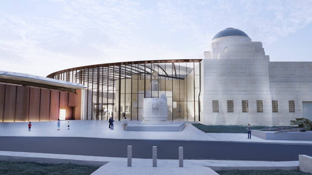 Architects' impression of the new Anzac Hall and the glass corridor. Picture: Australian War Memorial