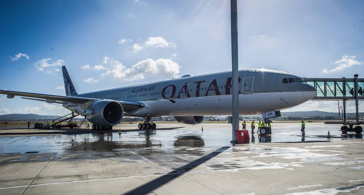 A Qatar Airways plane at Canberra airport before flights were suspended. Picture by Karleen Minney