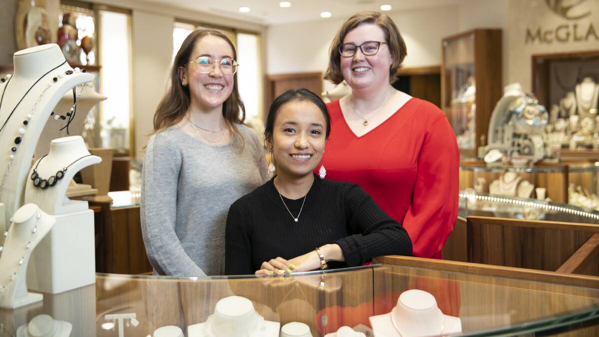 Staff members at McGlades Jewellers Erin Harris (left), Bristi Moktan and Alexandra Harwood (right). Picture: Keegan Carroll, 