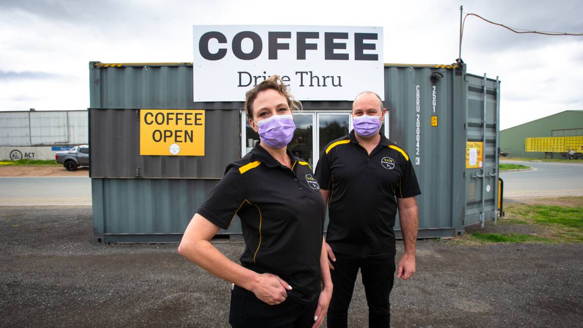 No contact - but no permit for business. In and Out Drive Thru Coffee owners Rowena and Brett Hand. Picture: Elesa Kurtz