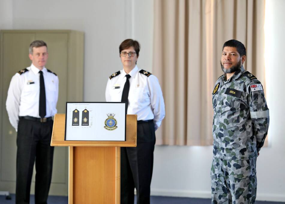 Royal Australian Navy Chaplain Stephen Varney, Chaplain Sharon White and Chaplain Majidid Essa with new insignia without a cross. Picture: Defence department/Nina Fogliani