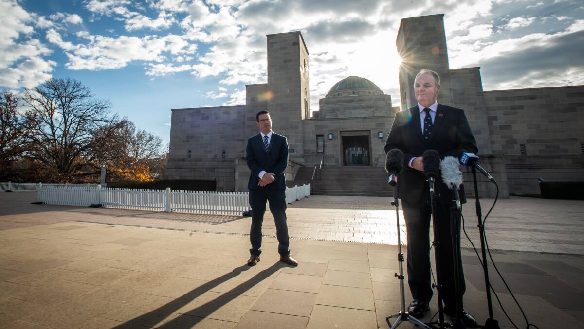 Matt Anderson, director of the Australian War Memorial (right), and Senator Zed Seselja announce the re-opening of the Australian War Memorial. Picture: Karleen Minney