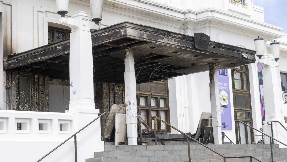 The historic portico of Old Parliament House after it was damaged by fire during a protest. Picture: Keegan Carroll