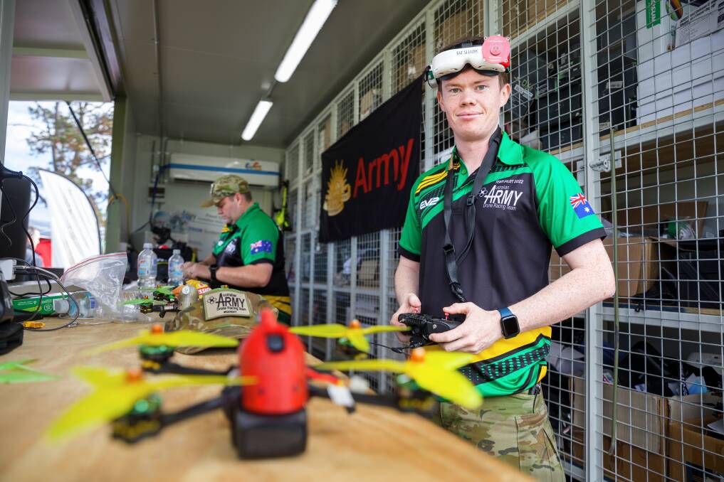 Army drone operator and member of the Army Drone Racing Team Lance Bombardier Riley Van Leeuwen at the Australian Drone Nationals on Friday. Picture: Sitthixay Ditthavong