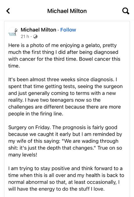 Michael Milton talks about his cancer on Facebook.