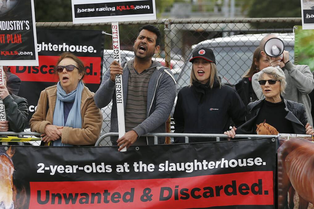 Protesters outside Caulfield Racecourse on Saturday before the Caulfield Cup. Picture: Getty Images
