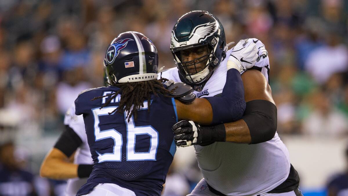 Philadelphia Eagles prospect Jordan Mailata (right) during a preseason game on August 8. Picture: Getty Images