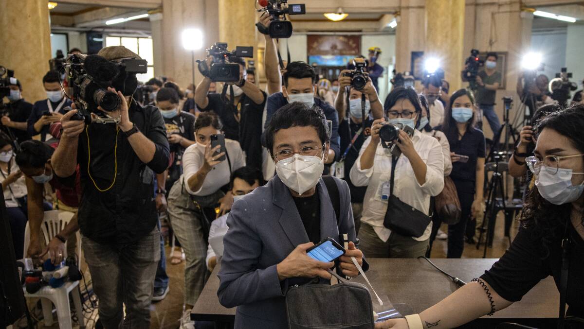 Journalist Maria Ressa, pictured leaving court in June 2020, has been awarded the Nobel Peace Prize. Picture: Getty Images