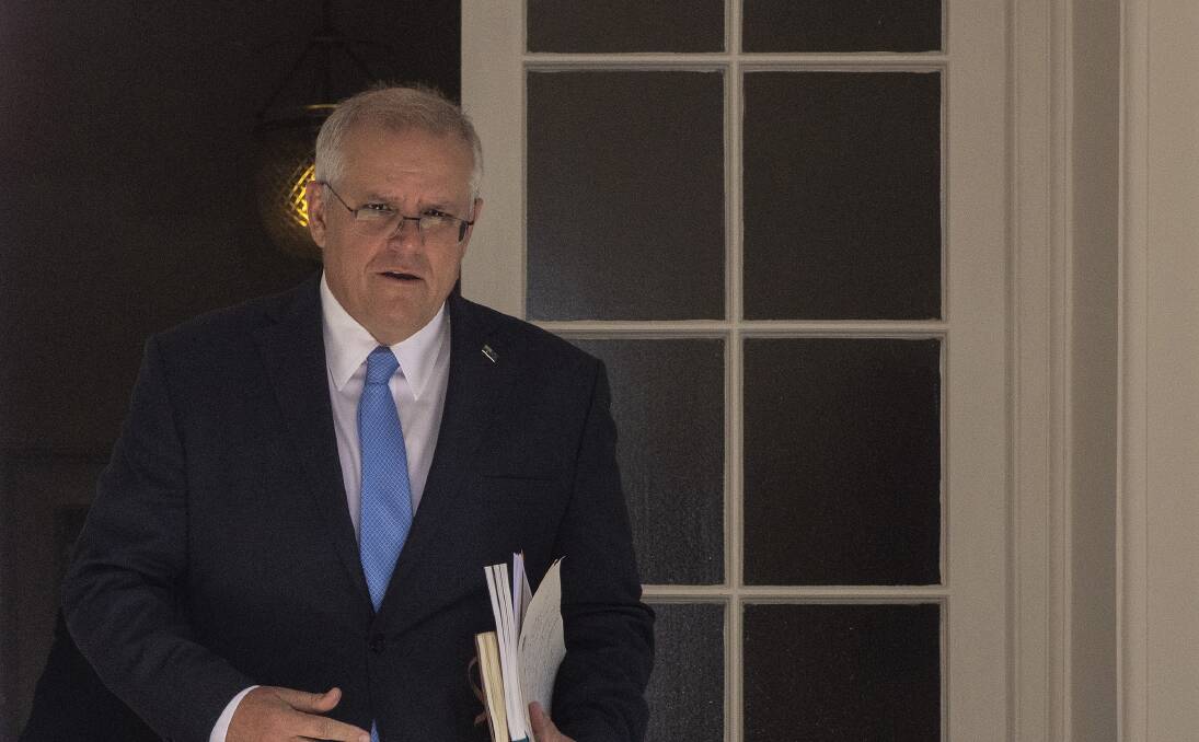 Prime Minister Scott Morrison arrives for a press conference at Kirribilli House after the release of the aged care royal commission report. Picture: Getty Images