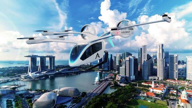 An artist's impression of an Embraer vertical take-off air taxi. Picture: Embraer