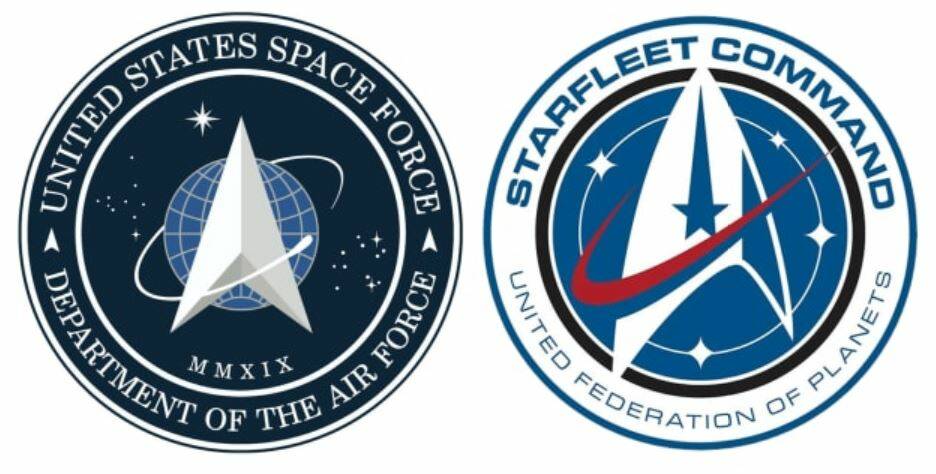 The United States Space Force logo, left, which bears an uncanny similarity to the Starfleet Command logo from Star Trek (right). Pictures: Supplied