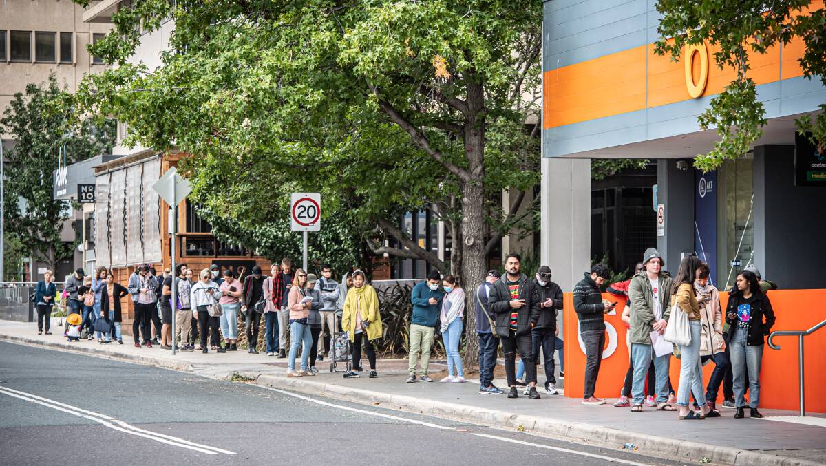 Queues at the Woden Centrelink in March 2020 at the start of the COVID-19 pandemic. Picture: Karleen Minney