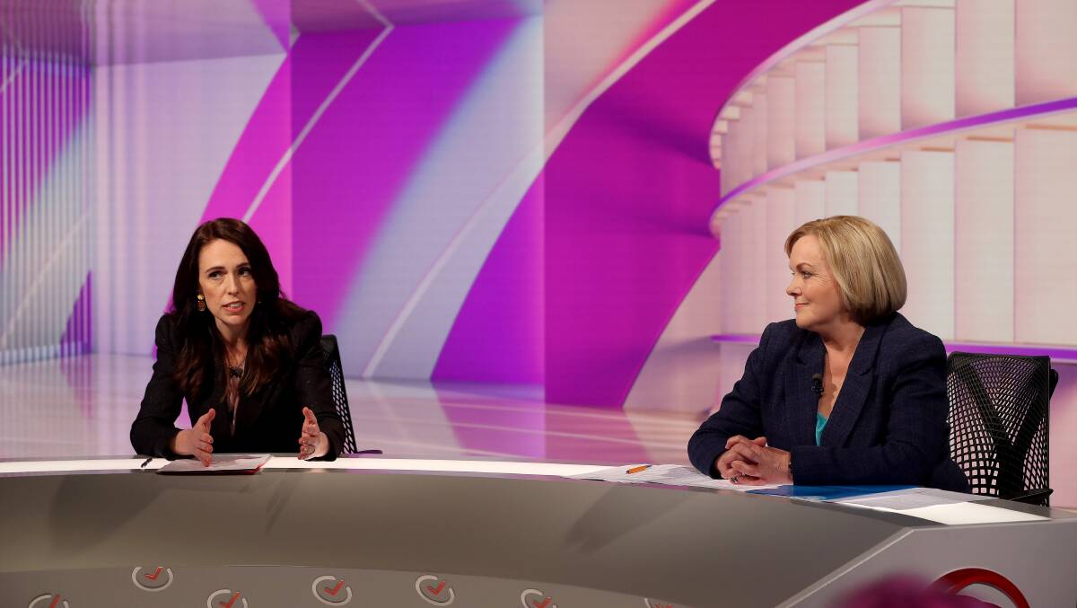 Jacinda Ardern and Judith Collins during a televised debate. Picture: Getty Images
