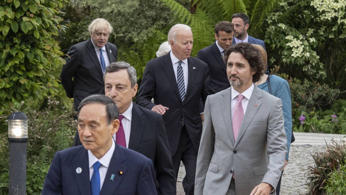 G7 leaders arrive for a drinks reception with Queen Elizabeth II in Cornwall on Friday. Picture: Getty Images