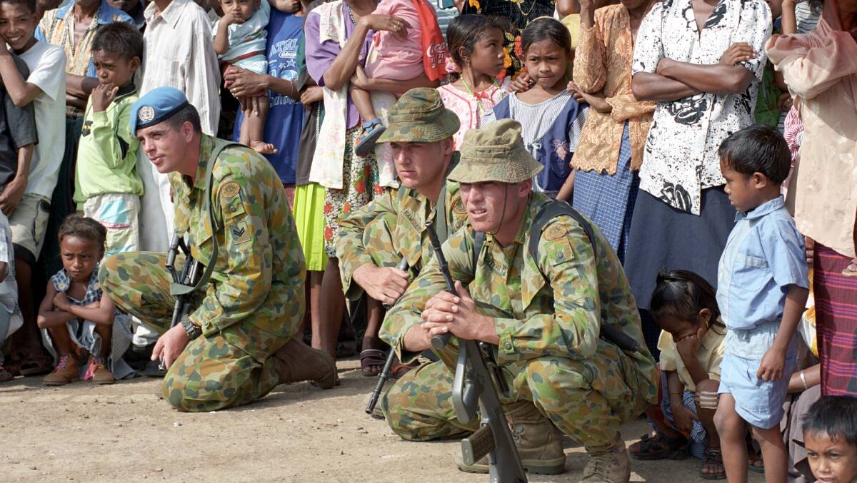 Australian troops serving on the East Timor/West Timor border with the UN peacekeeping force in 2000. Picture: Department of Defence