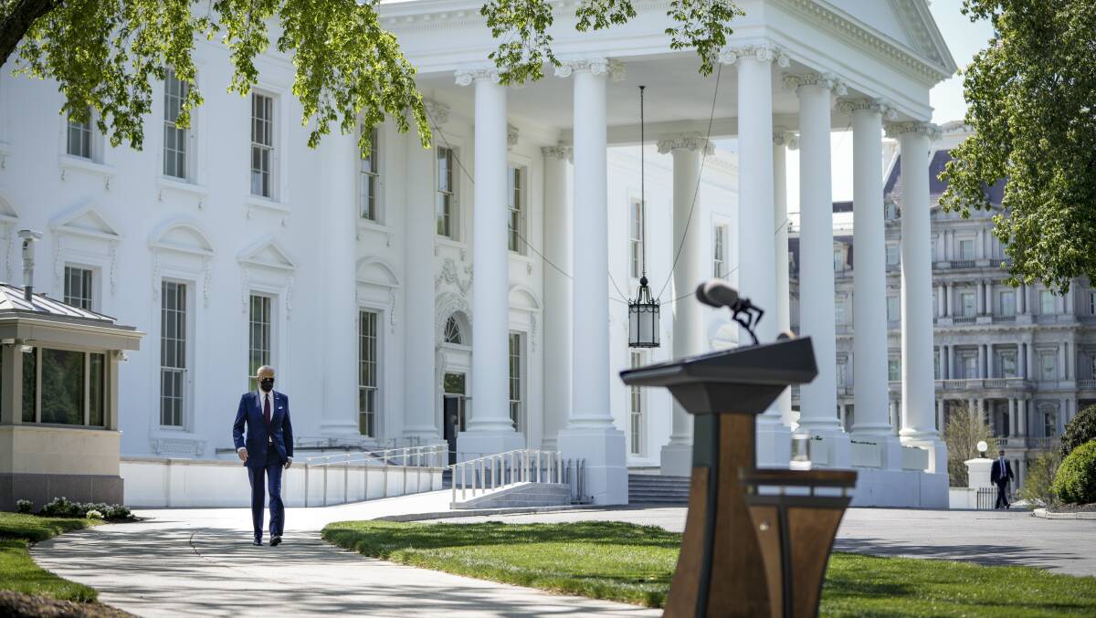 US President Joe Biden arrives to speak about updated CDC mask guidance on the North Lawn of the White House on Tuesday. Picture: Getty Images