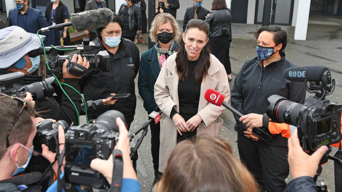 Jacinda Ardern visiting a drive-through vaccination centre in Hastings during a national tour to promote the governments campaign. Picture: Getty Images