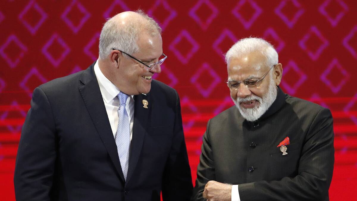 Prime Minister Scott Morrison (left) with India's Prime Minister Narendra Modi at the 2019 ASEAN summit. Picture: AAP