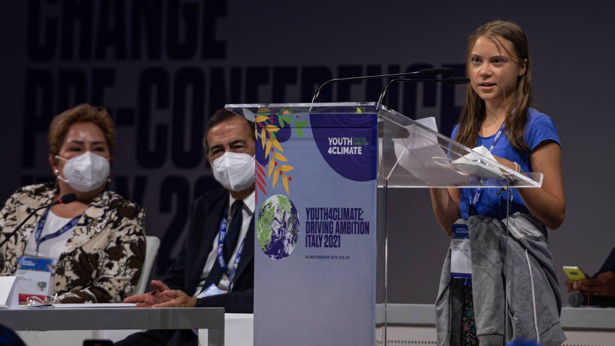 Climate activist Greta Thunberg addresses the Youth4Climate Pre-COP event in Milan on September 28. Picture: Getty Images