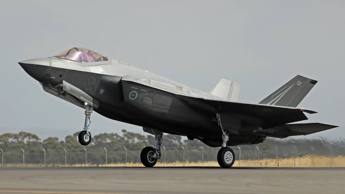 An F-35 Joint Strike Fighter lands during the aircraft's Australian public debut at the Avalon Airshow in March 2017. Picture: Getty Images