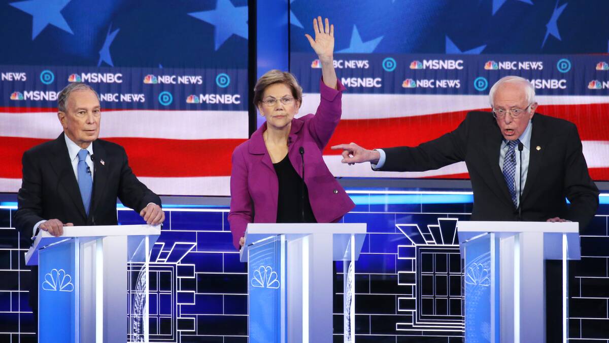 Former New York City mayor Michael Bloomberg, Massachusetts senator Elizabeth Warren, and Vermont senator Bernie Sanders at the debate. Picture: Getty Images