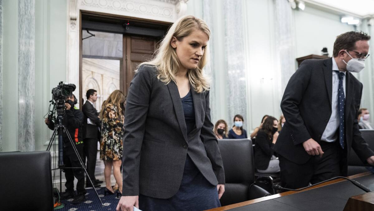Former Facebook employee and whistleblower Frances Haugen arrives to testify during a Senate committee hearing on online child safety. Picture: Getty Images
