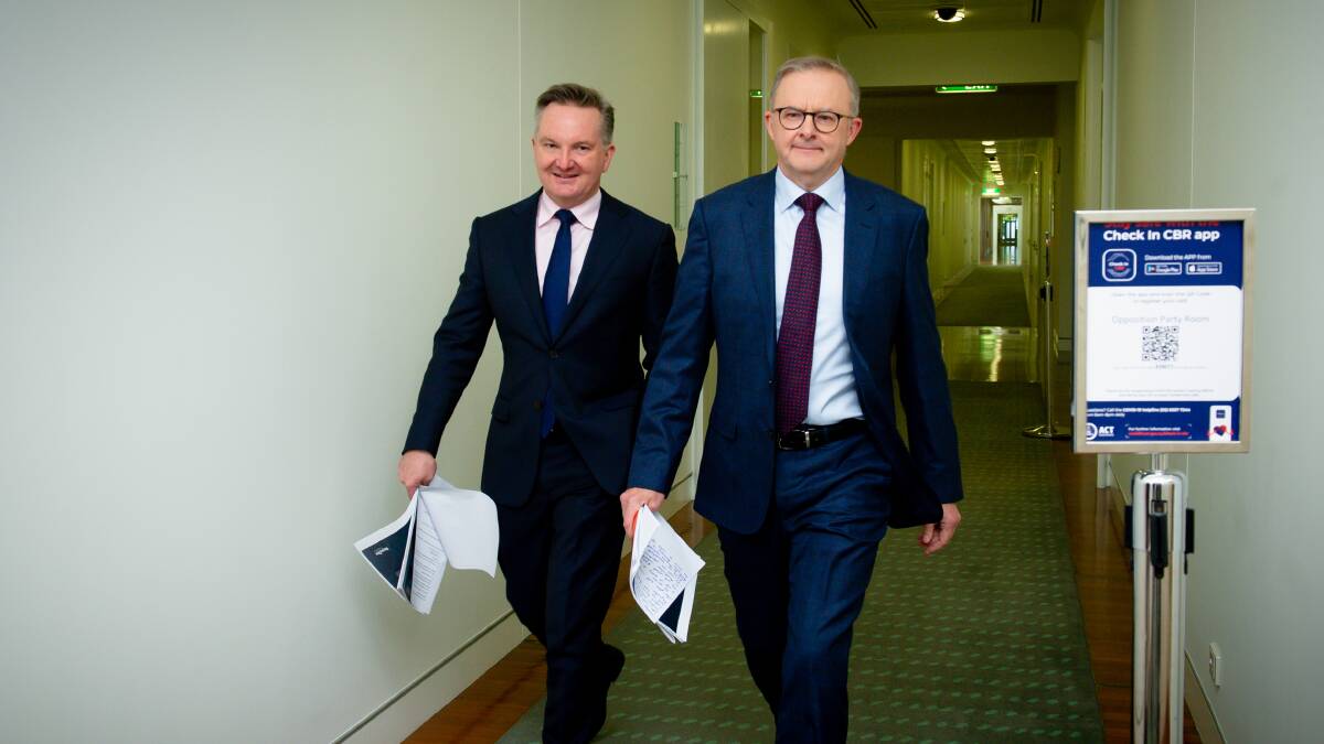 Labor climate spokesman Chris Bowen (left) and Opposition Leader Anthony Albanese announced a 2030 emissions reduction target of 43 per cent. Picture: Elesa Kurtz