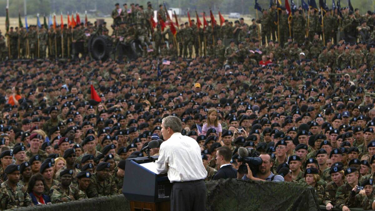 US President George W. Bush speaks to soldiers from the 10th Mountain Division at Fort Drum in 2002. The division was the main fighting force on the ground in Afghanistan in search of Taliban forces after the September 11 attacks. Picture: Brooks Kraft LLC/Corbis
